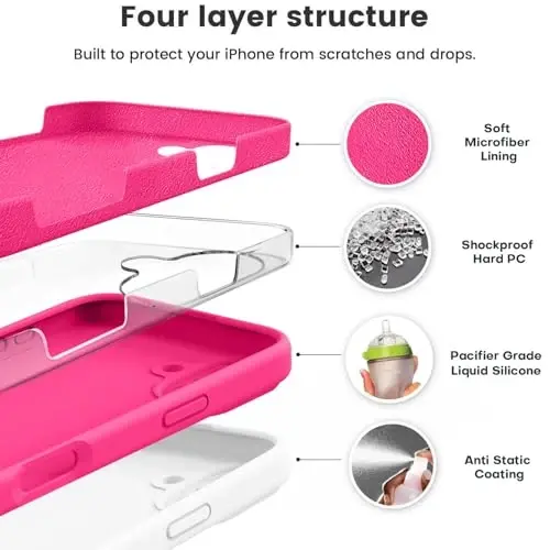 Vooii Compatible with iPhone 16 Case, Liquid Silicone Upgrade [Camera Protection] [Soft Anti-Scratch Microfiber Lining] Shockproof Phone Case for iPhone 16 6.1 inch - Hot Pink - 2