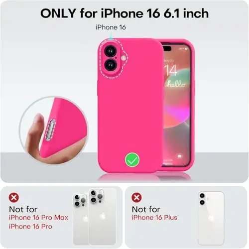 Vooii Compatible with iPhone 16 Case, Liquid Silicone Upgrade [Camera Protection] [Soft Anti-Scratch Microfiber Lining] Shockproof Phone Case for iPhone 16 6.1 inch - Hot Pink - 5