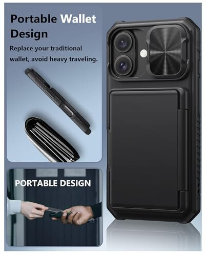 ATATOO for iPhone 16 Case with Card Holder (Store 3-5 Cards) [RFID Blocking] & Slide Camera Cover, Military Grade Protection, Rugged Silicone Wallet Case for iPhone 16 6.1