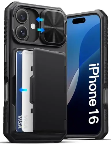 ATATOO for iPhone 16 Case with Card Holder (Store 3-5 Cards) [RFID Blocking] & Slide Camera Cover, Military Grade Protection, Rugged Silicone Wallet Case for iPhone 16 6.1