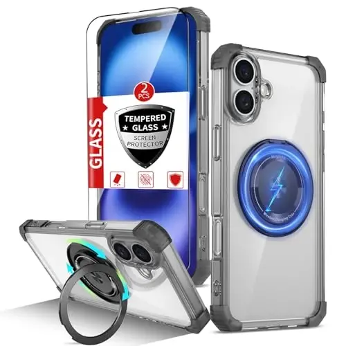 IYTRRYH for iPhone 16 Case Magnetic Compatible with MagSafe Wireless Charging,with 2 Screen Protector,for 16 Case Built-in 360°Kickstand Ring,Military Grade Drop Heavy Duty Protection Shockproof Black 