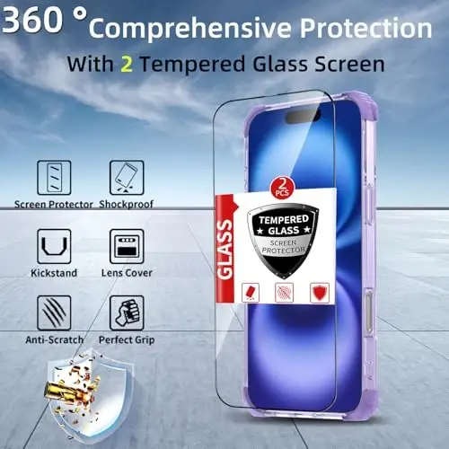 IYTRRYH for iPhone 16 Case Magnetic Compatible with MagSafe Wireless Charging,with 2 Screen Protector,for 16Case Built-in 360°Kickstand Ring,Military Grade Drop Heavy Duty Protection Shockproof Purple - 3