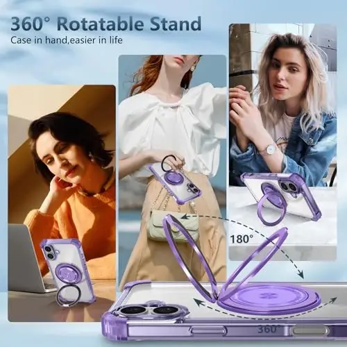 IYTRRYH for iPhone 16 Case Magnetic Compatible with MagSafe Wireless Charging,with 2 Screen Protector,for 16Case Built-in 360°Kickstand Ring,Military Grade Drop Heavy Duty Protection Shockproof Purple - 4