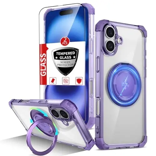 IYTRRYH for iPhone 16 Case Magnetic Compatible with MagSafe Wireless Charging,with 2 Screen Protector,for 16Case Built-in 360°Kickstand Ring,Military Grade Drop Heavy Duty Protection Shockproof Purple 