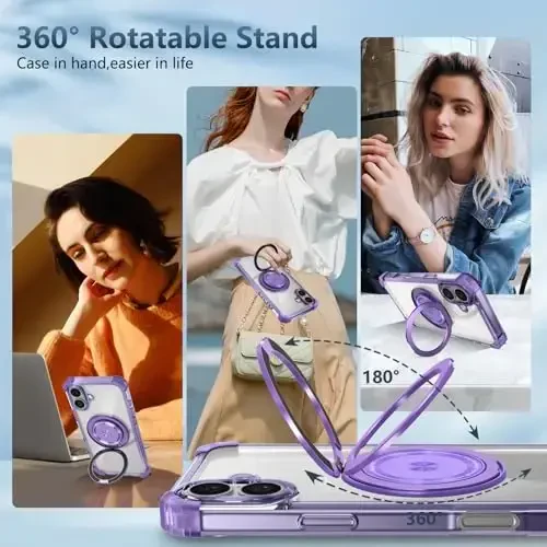 IYTRRYH for iPhone 16 Case Magnetic Compatible with MagSafe Wireless Charging,with 2 Screen Protector,for 16Case Built-in 360°Kickstand Ring,Military Grade Drop Heavy Duty Protection Shockproof Purple - 4