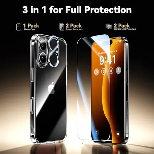 Opxyl Not Yellowing for iPhone 16 Case Clear, 360° Protection with 2X Screen Protector + 2X Camera Lens Protector, Military Grade Shockproof Phone Case Slim Cover for iPhone 16, Clear - 4