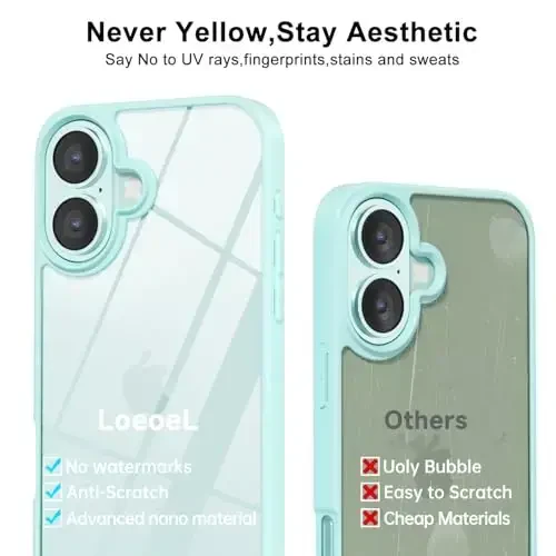 LoeoeL for iPhone 16 Case Clear, Transparent Hybrid 16 Phone Case [Hard Plastic & Soft Silicone Bumper] Acrylic Non Yellowing Thin Slim Protective Cover for Women, Teal - 11