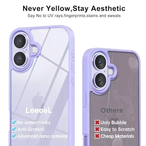 LoeoeL for iPhone 16 Case Clear, Transparent Hybrid 16 Phone Case [Hard Plastic & Soft Silicone Bumper] Acrylic Non Yellowing Thin Slim Protective Cover for Women, Purple Lavender - 4