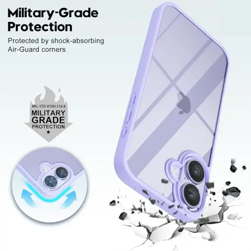 LoeoeL for iPhone 16 Case Clear, Transparent Hybrid 16 Phone Case [Hard Plastic & Soft Silicone Bumper] Acrylic Non Yellowing Thin Slim Protective Cover for Women, Purple Lavender - 9