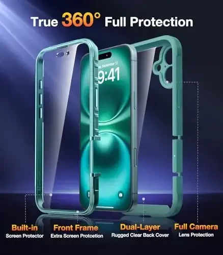 Diaclara Designed for iPhone 16 Plus Case 6.7 Inch,Upgraded [Full Camera Protection] Full Body Rugged Clear Bumper Case w/Built-in Screen Protector for 16 Plus,Teal - DIACLARA (1)