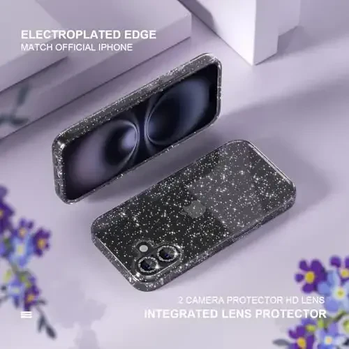 iPhone 16 Plus g‘ilofi ayollar uchun mos, chiroyli yaltiroq, harbiy darajadagi tushishdan himoya, 2 ta olmosli kamera linzalari qopqog‘i, 2 ta закалённое oynali himoyachi, 6,7 dyuym (Glitter Black) - 4