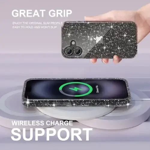 iPhone 16 Plus g‘ilofi ayollar uchun mos, chiroyli yaltiroq, harbiy darajadagi tushishdan himoya, 2 ta olmosli kamera linzalari qopqog‘i, 2 ta закалённое oynali himoyachi, 6,7 dyuym (Glitter Black) - 6