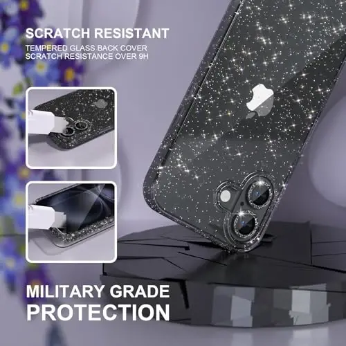 iPhone 16 Plus g‘ilofi ayollar uchun mos, chiroyli yaltiroq, harbiy darajadagi tushishdan himoya, 2 ta olmosli kamera linzalari qopqog‘i, 2 ta закалённое oynali himoyachi, 6,7 dyuym (Glitter Black) - 5