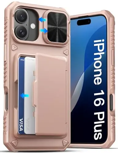 ATATOO for iPhone 16 Plus Case Wallet, Built-in Card Holder (Store 3-5 Cards) & Slide Lens Cover, Military Grade Protection, Shockproof Silicone Protective Case for iPhone 16 Plus 6.7