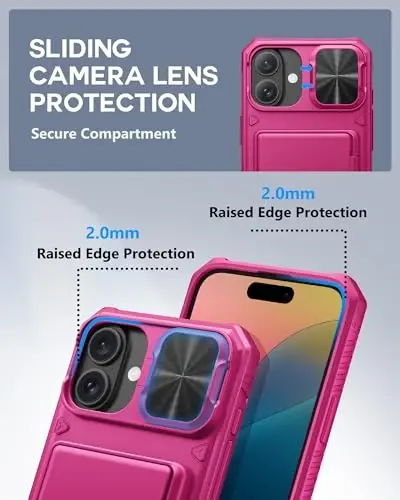 ATATOO for iPhone 16 Plus Case, Built-in Card Holder (Store 3-5 Cards) & Slide Camera Protector, Military Grade Protection, Women Cute Silicone Wallet Case for iPhone 16 Plus 2024, Hot Pink - 4
