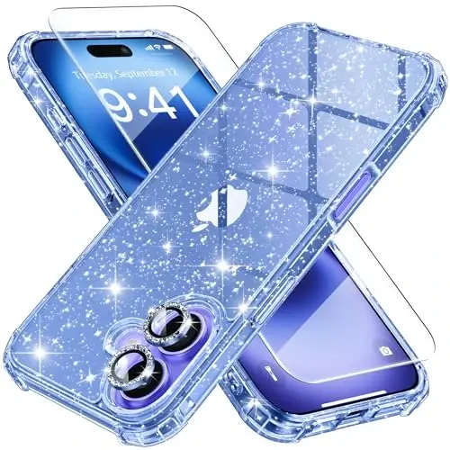 BERFY for iPhone 16 Plus Case Glitter, with 9H Tempered Screen Protector + 2X Diamond Camera Lens Protectors, [Non-Yellowing] Women Clear Sparkly Cute Bling Hard Shockproof Cover 6.7