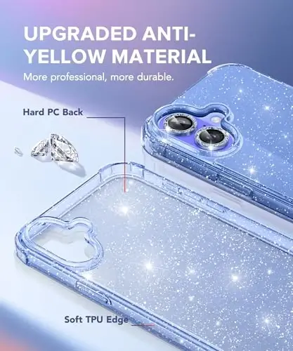 BERFY for iPhone 16 Plus Case Glitter, with 9H Tempered Screen Protector + 2X Diamond Camera Lens Protectors, [Non-Yellowing] Women Clear Sparkly Cute Bling Hard Shockproof Cover 6.7