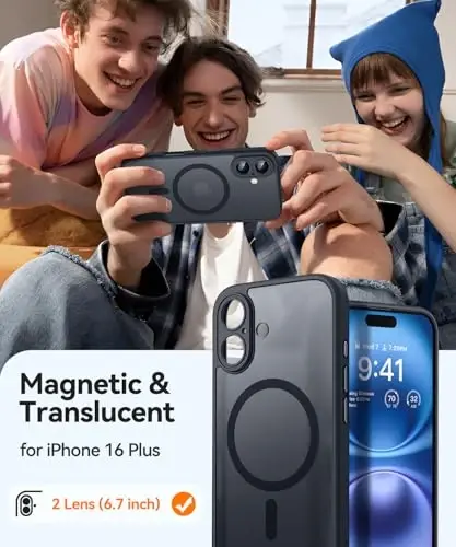 CANSHN Magnetic for iPhone 16 Plus Case, Upgraded [Full Camera Protection] [Compatible with Magsafe] [Translucent Matte] Shockproof Protective Phone Case for iPhone 16 Plus - Black - 2