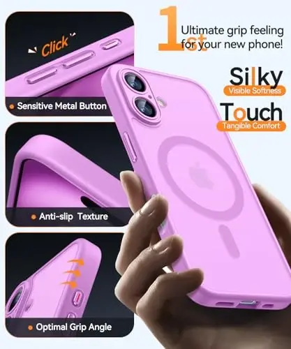 CANSHN Magnetic for iPhone 16 Plus Case, Upgraded [Full Camera Protection] [Compatible with Magsafe] [Translucent Matte] Shockproof Protective Phone Case for iPhone 16 Plus - Pinkish Purple - 6