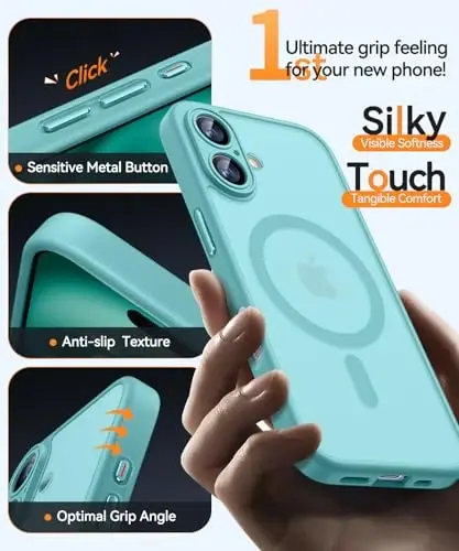 CANSHN Magnetic for iPhone 16 Plus Case, Upgraded [Full Camera Protection] [Compatible with Magsafe] [Translucent Matte] Shockproof Protective Phone Case for iPhone 16 Plus - Teal - 6