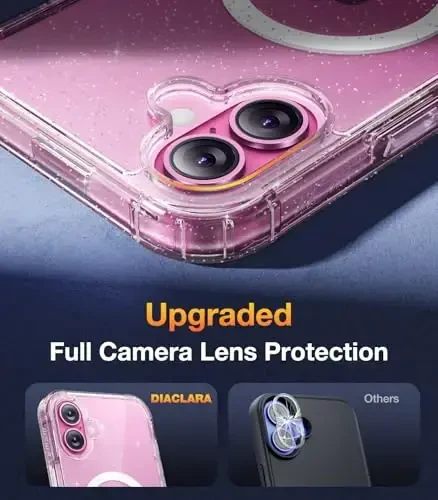 Diaclara Magnetic Designed for iPhone 16 Plus Phone Case,[Full Camera Protection] 360 Clear Bumper Compatible with MagSafe Built-in Screen Protector for 16 Plus,Magnetic Clear Glitter - 6