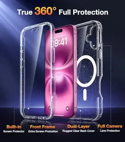 Diaclara Magnetic Designed for iPhone 16 Plus Phone Case,[Full Camera Protection] 360 Clear Bumper Compatible with MagSafe Built-in Screen Protector for 16 Plus,Magnetic Clear Glitter - 2