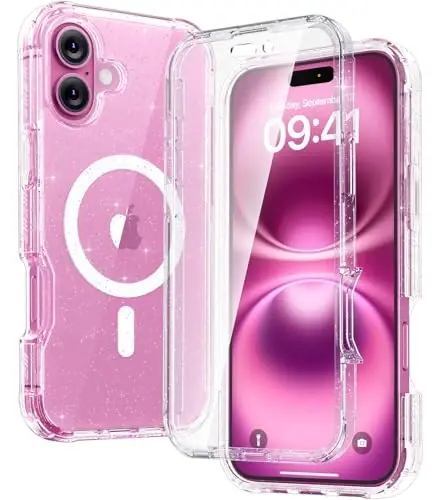 Diaclara Magnetic Designed for iPhone 16 Plus Phone Case,[Full Camera Protection] 360 Clear Bumper Compatible with MagSafe Built-in Screen Protector for 16 Plus,Magnetic Clear Glitter - 1
