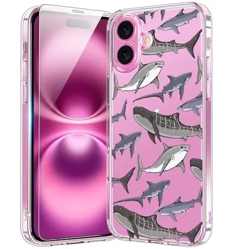 bicol for iPhone 16 Plus Case with Screen Protector, Enhanced Camera Protection, Crystal Acrylic Clear with Fashionable Designs for Girls Women, Slim Fit Protective Phone Cover, Beautiful Whales 