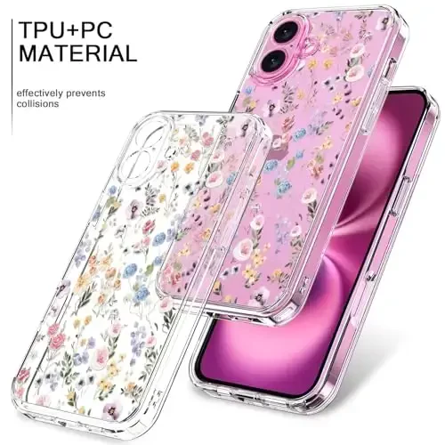 bicol for iPhone 16 Plus Case with Screen Protector, Enhanced Camera Protection, Crystal Acrylic Clear with Fashionable Designs for Girls Women, Slim Fit Protective Phone Cover, Blooming Wildflower - 3