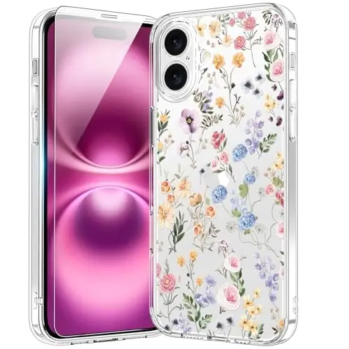 bicol for iPhone 16 Plus Case with Screen Protector, Enhanced Camera Protection, Crystal Acrylic Clear with Fashionable Designs for Girls Women, Slim Fit Protective Phone Cover, Blooming Wildflower 