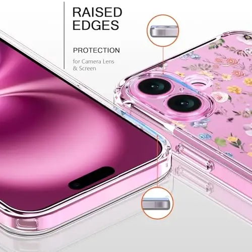 bicol for iPhone 16 Plus Case with Screen Protector, Enhanced Camera Protection, Crystal Acrylic Clear with Fashionable Designs for Girls Women, Slim Fit Protective Phone Cover, Blooming Wildflower - BICOL (1)