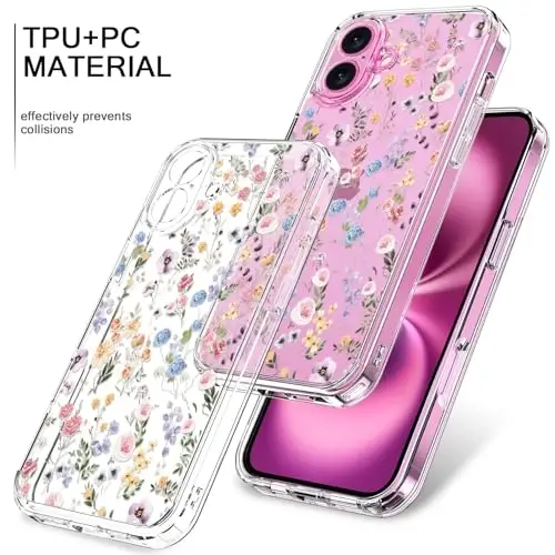 bicol for iPhone 16 Plus Case with Screen Protector, Enhanced Camera Protection, Crystal Acrylic Clear with Fashionable Designs for Girls Women, Slim Fit Protective Phone Cover, Blooming Wildflower - 3