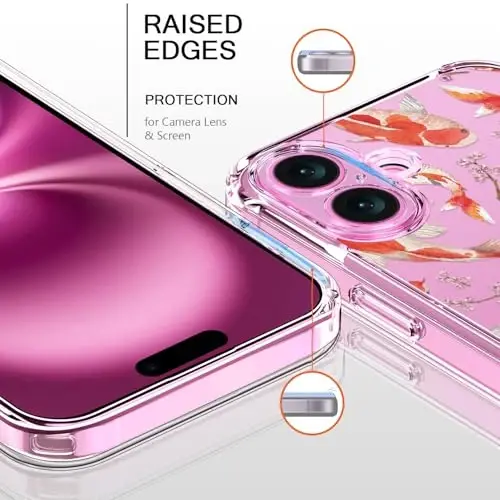bicol for iPhone 16 Plus Case with Screen Protector, Enhanced Camera Protection, Crystal Acrylic Clear with Fashionable Designs for Girls Women, Slim Fit Protective Phone Cover, Elegant Fishes - 3