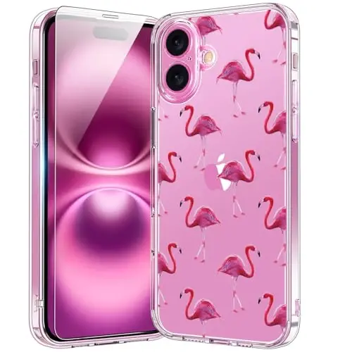 bicol for iPhone 16 Plus Case with Screen Protector, Enhanced Camera Protection, Crystal Acrylic Clear with Fashionable Pattern Designs for Girls Women, Slim Fit Protective Phone Cover, Flamingos - BICOL