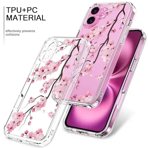 bicol for iPhone 16 Plus Case with Screen Protector, Enhanced Camera Protection, Crystal Acrylic Clear with Fashionable Designs for Girls Women, Slim Fit Protective Phone Cover, Blooming Cherry - 3