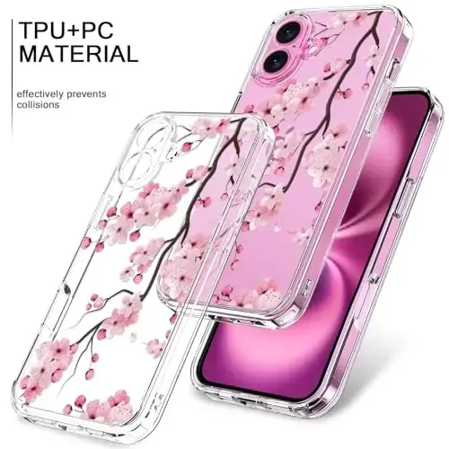 bicol for iPhone 16 Plus Case with Screen Protector, Enhanced Camera Protection, Crystal Acrylic Clear with Fashionable Designs for Girls Women, Slim Fit Protective Phone Cover, Blooming Cherry - 3