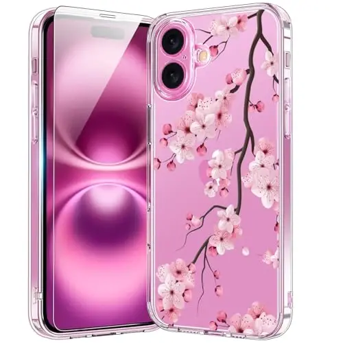 bicol for iPhone 16 Plus Case with Screen Protector, Enhanced Camera Protection, Crystal Acrylic Clear with Fashionable Designs for Girls Women, Slim Fit Protective Phone Cover, Blooming Cherry - BICOL
