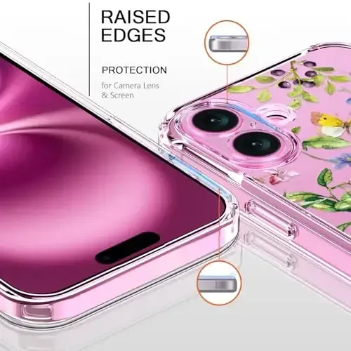 bicol for iPhone 16 Plus Case with Screen Protector, Enhanced Camera Protection, Crystal Acrylic Clear with Fashionable Designs for Girls Women, Slim Fit Protective Phone Cover, Butterfly Flowers - BICOL (1)