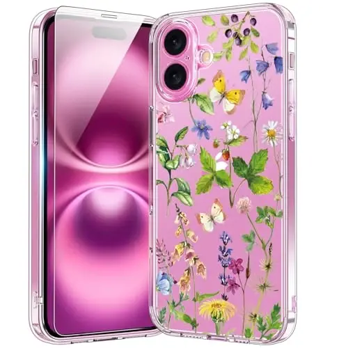 bicol for iPhone 16 Plus Case with Screen Protector, Enhanced Camera Protection, Crystal Acrylic Clear with Fashionable Designs for Girls Women, Slim Fit Protective Phone Cover, Butterfly Flowers - BICOL