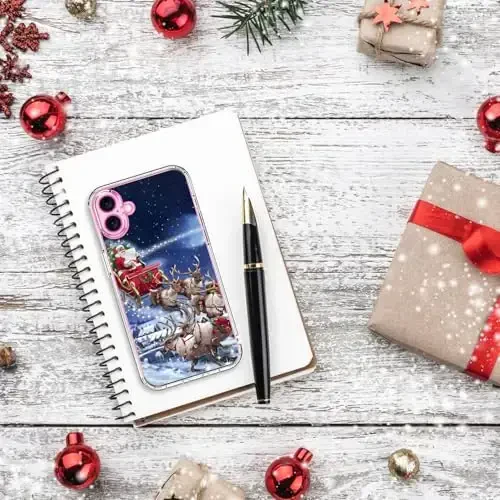 bicol Christmas Phone Case for iPhone 16 Plus with Screen Protector, Enhanced Camera Protection - Wireless Charging - Slim Shockproof Protective Acrylic Clear Cover for Women Girls - Santa Sleigh - 6