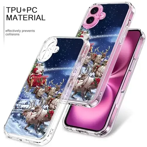 bicol Christmas Phone Case for iPhone 16 Plus with Screen Protector, Enhanced Camera Protection - Wireless Charging - Slim Shockproof Protective Acrylic Clear Cover for Women Girls - Santa Sleigh - 3