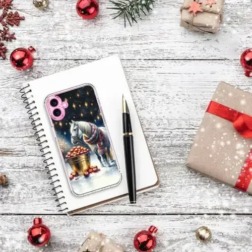 bicol Christmas Phone Case for iPhone 16 Plus with Screen Protector, Enhanced Camera Protection - Wireless Charging - Slim Shockproof Protective Acrylic Clear Cover for Women Girls - Christmas Horse - 6