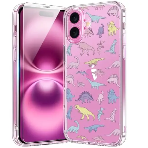 bicol for iPhone 16 Plus Case with Screen Protector, Enhanced Camera Protection, Crystal Acrylic Clear with Fashionable Designs for Girls Women, Slim Fit Protective Phone Cover, Cute Dinosaurs 