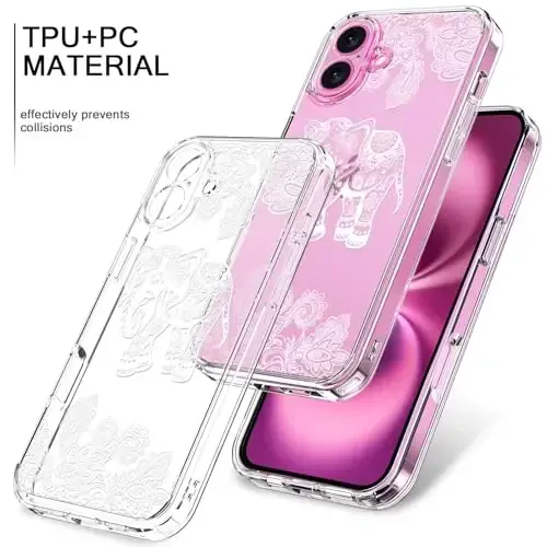 bicol for iPhone 16 Plus Case with Screen Protector, Enhanced Camera Protection, Crystal Acrylic Clear with Fashionable Designs for Girls Women, Slim Fit Protective Phone Cover, Beautiful Elephant - 3