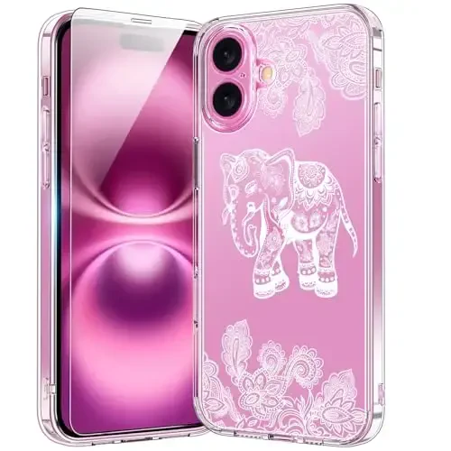 bicol for iPhone 16 Plus Case with Screen Protector, Enhanced Camera Protection, Crystal Acrylic Clear with Fashionable Designs for Girls Women, Slim Fit Protective Phone Cover, Beautiful Elephant 