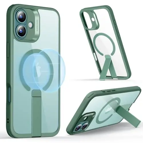 ESR for iPhone 16 Plus Case with Kickstand, Compatible with MagSafe, Magnetic Military-Grade Shockproof Fully Adjustable Flickstand Phone Case, Boost Series, Clear Green - 1