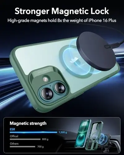 ESR for iPhone 16 Plus Case with Kickstand, Compatible with MagSafe, Magnetic Military-Grade Shockproof Fully Adjustable Flickstand Phone Case, Boost Series, Clear Green - 3