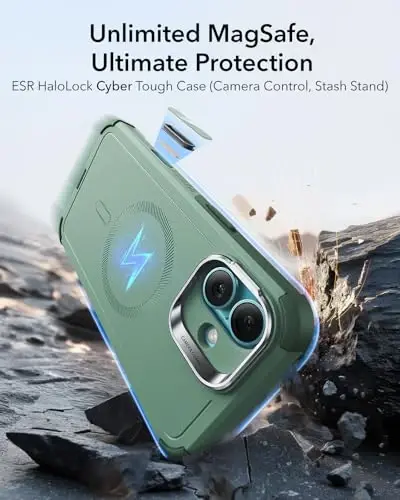 ESR for iPhone 16 Plus Case with Stash Stand, Camera Control, 23FT Military-Grade Shock-Absorbing Drop Protection, Compatible with MagSafe Accessories, Magnetic Cyber Series, Light Green - ESR (1)