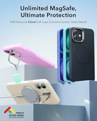 ESR for iPhone 16 Plus Case, Camera Control Button Silicone Case with Stand, Compatible with MagSafe, Built-in Camera Stash Stand, Magnetic Phone Case, Cloud Series, Pink - 2