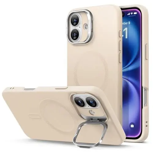 ESR for iPhone 16 Plus Case, Silicone Case with Stand, Military-Grade Protection, Built-in Camera Stash Stand, Magnetic Phone Case for iPhone 16 Plus, Cloud Series, Light Tan - 1